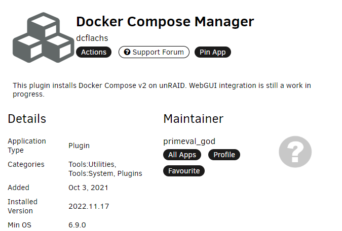 Screenshot of the Docker Compose Manager template page on the unraid app store