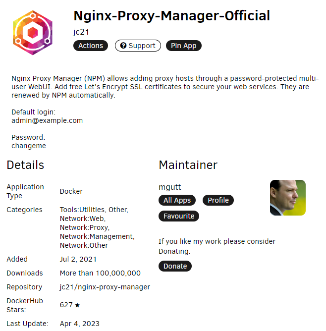 Screenshot of the Nginx Proxy Manager Official template page on the unraid app store